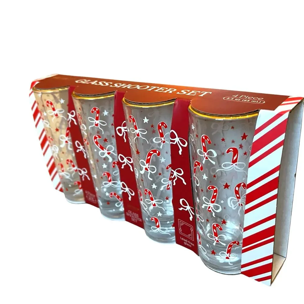 Christmas Candy Canes & Bows Shot Glasses Set of 4 Chic Holiday Barware New
